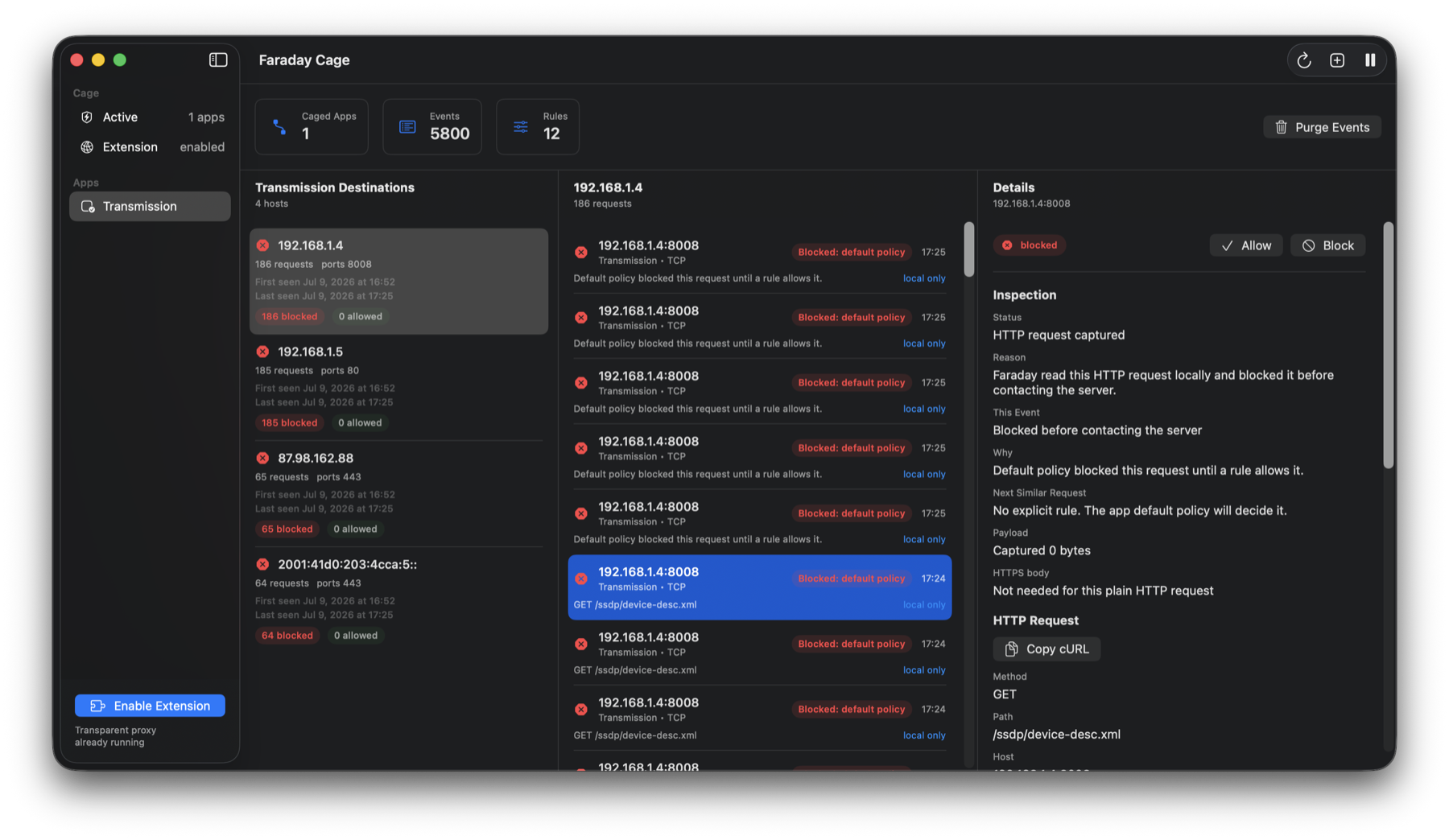 Faraday Cage blocking internet access for the Transmission Mac app