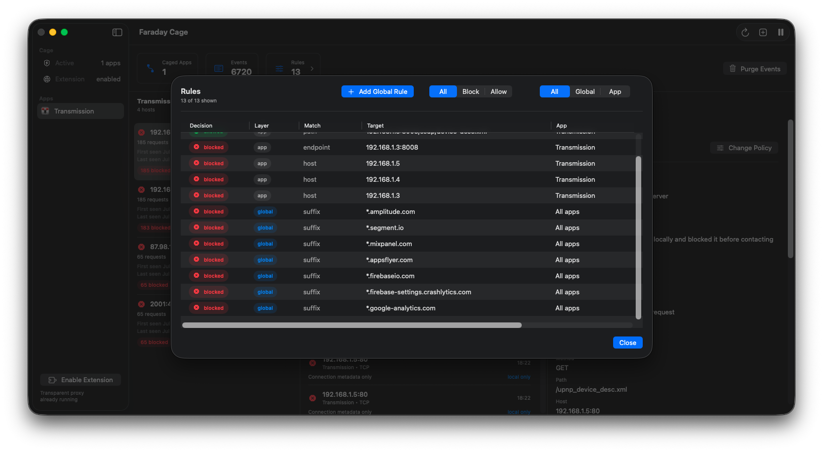 Faraday Cage rules blocking analytics and telemetry domains for Mac apps